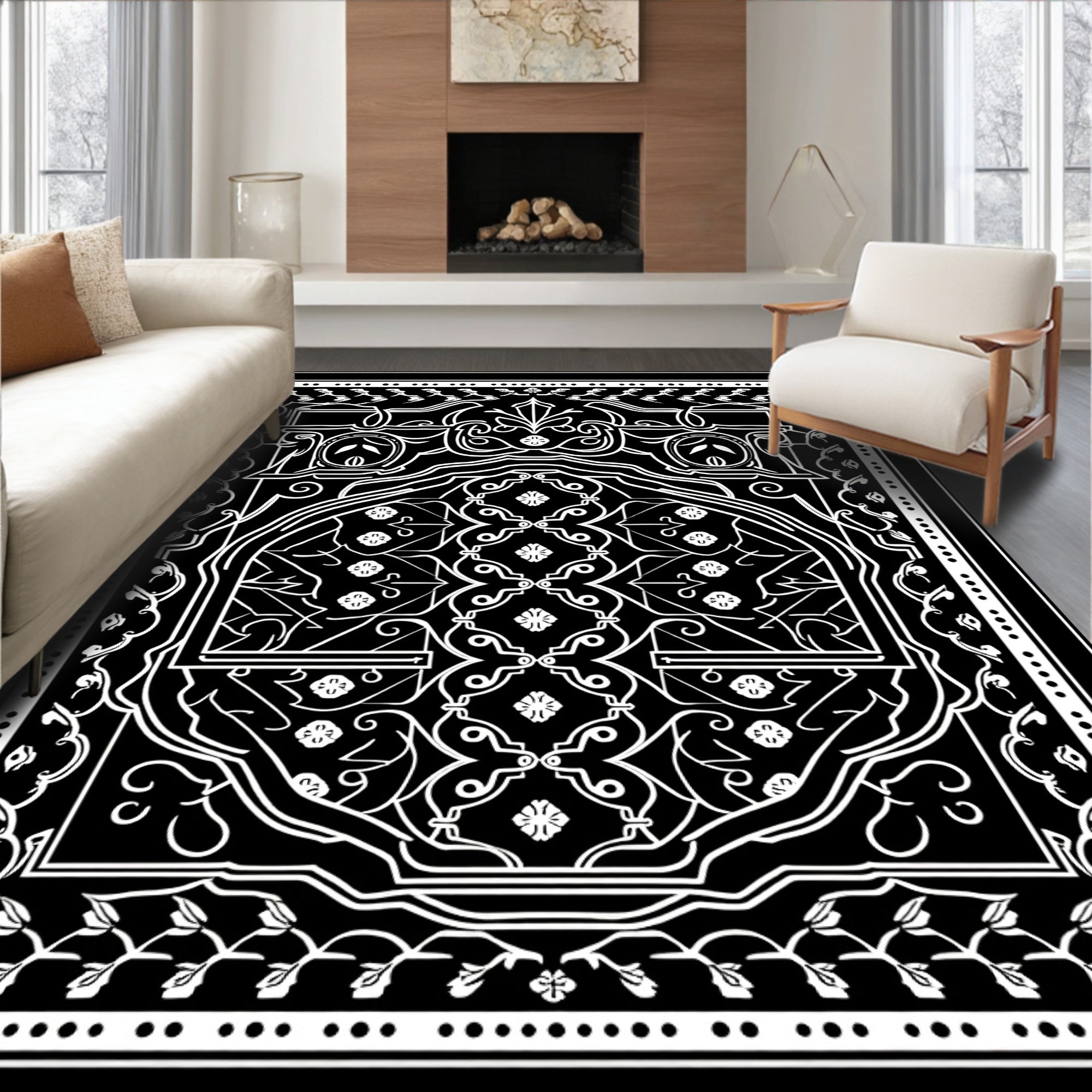 Intricate Black White Floral Design Rug
