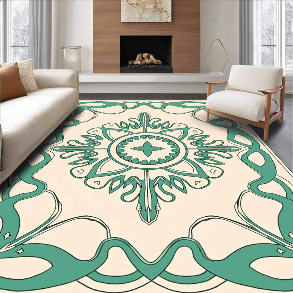Elegant Teal Scrollwork Floral Medallion Rug