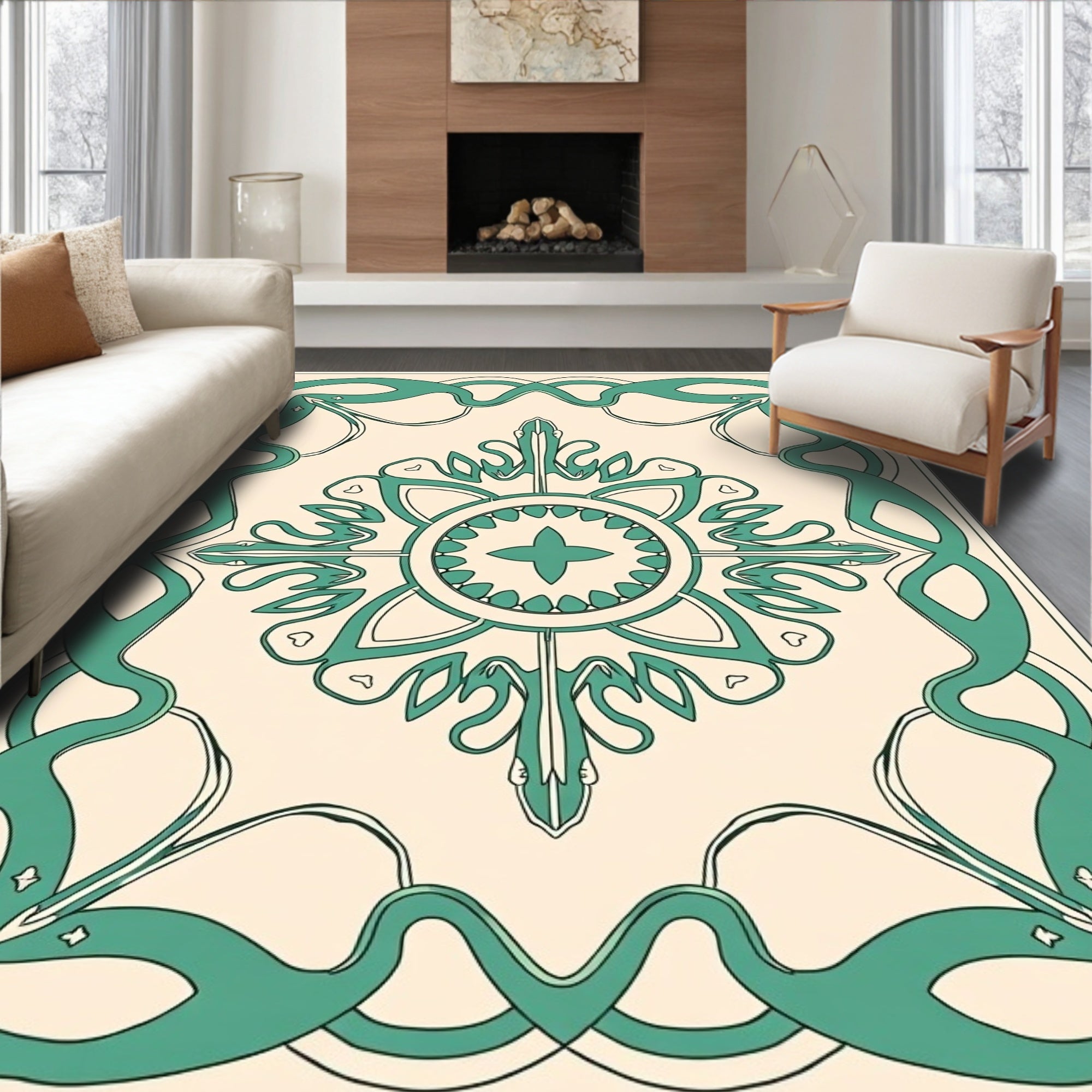 Elegant Teal Scrollwork Floral Medallion Rug