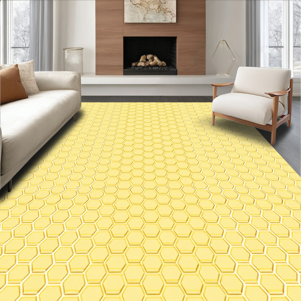 Golden Hexagonal Geometric Pattern Rug
