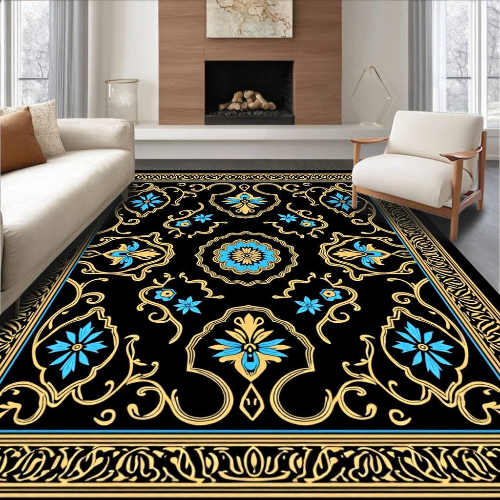 Ornate Black Gold Floral Border Rug