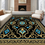 Ornate Black Gold Floral Border Rug