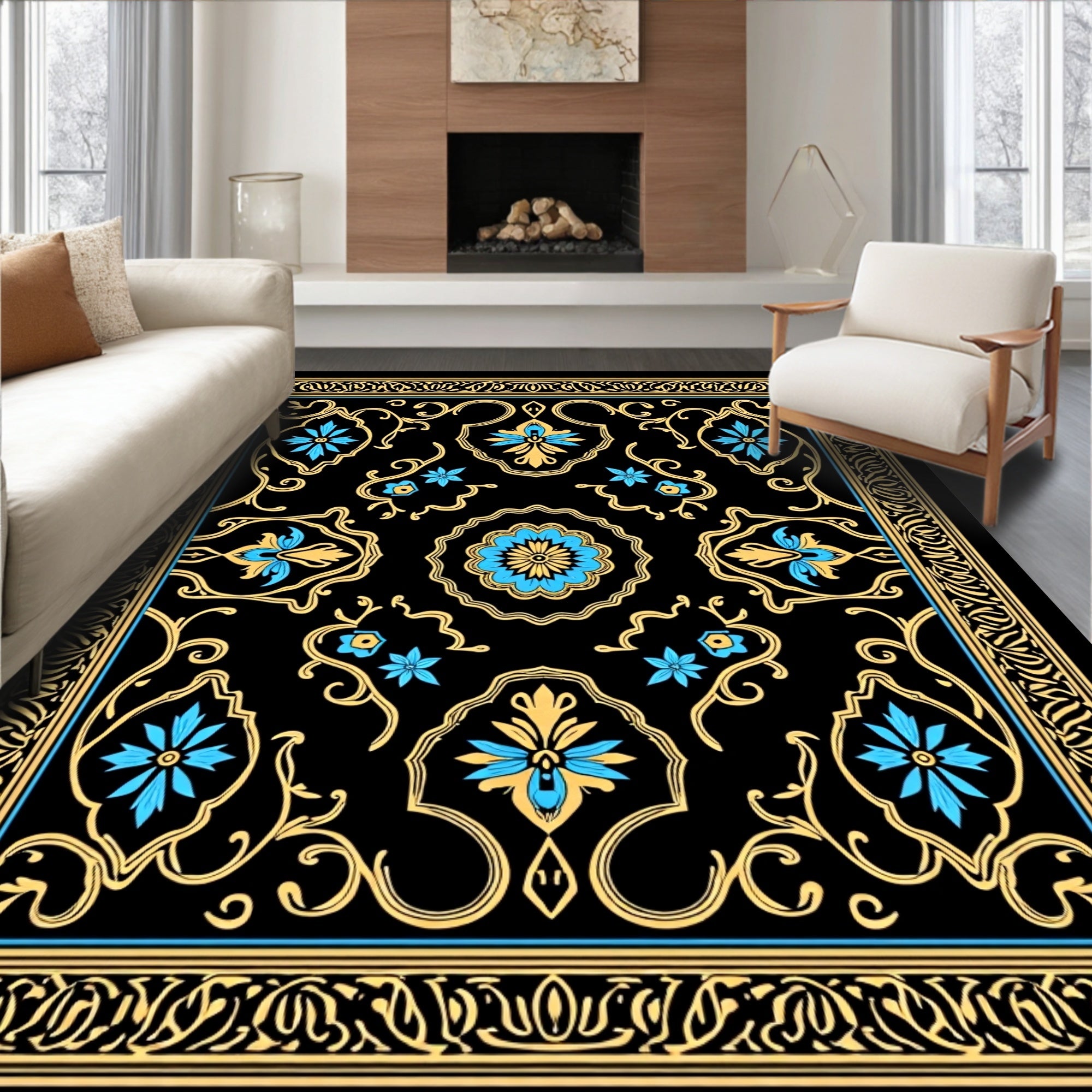 Ornate Black Gold Floral Border Rug