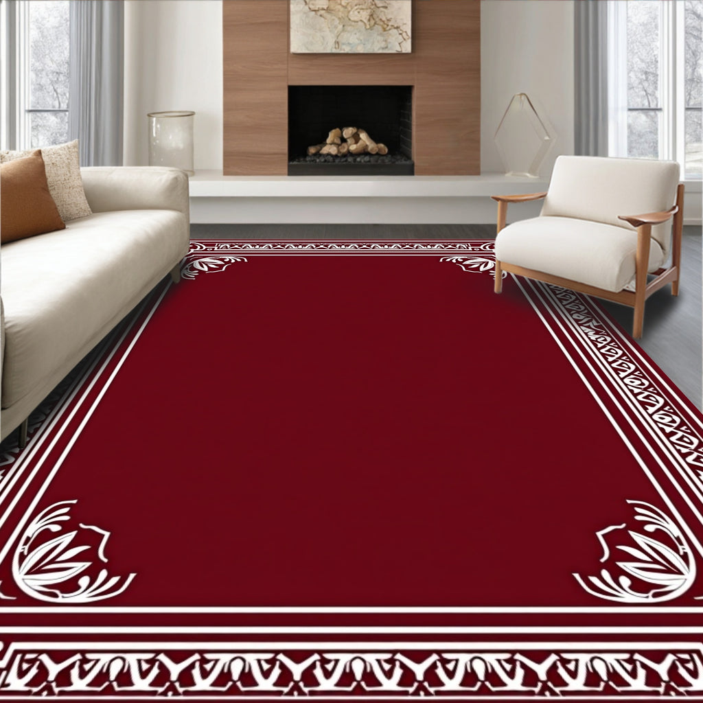 Classic White Floral Geometric Border Rug