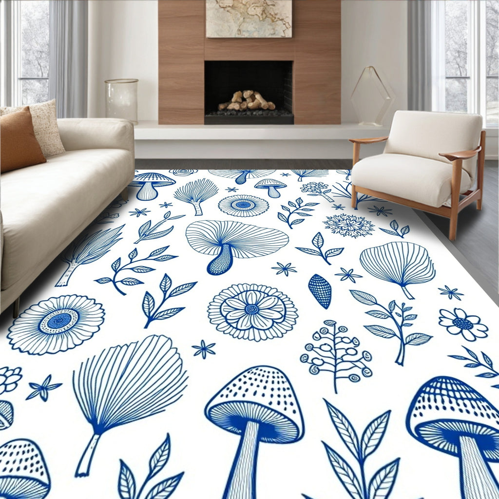 Mushroom and Floral Line Art Design Rug