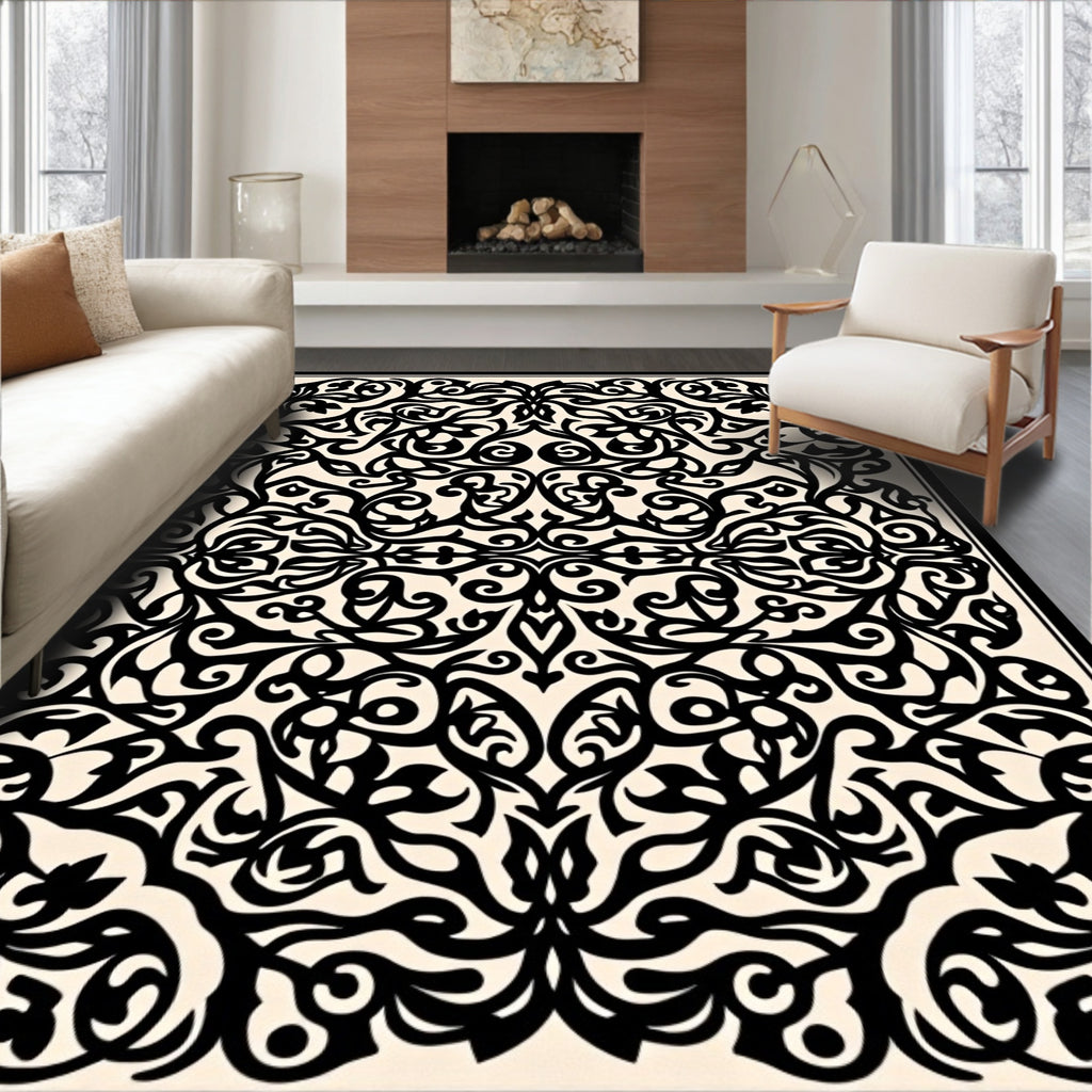 Intricate Black Cream Scroll Pattern Rug