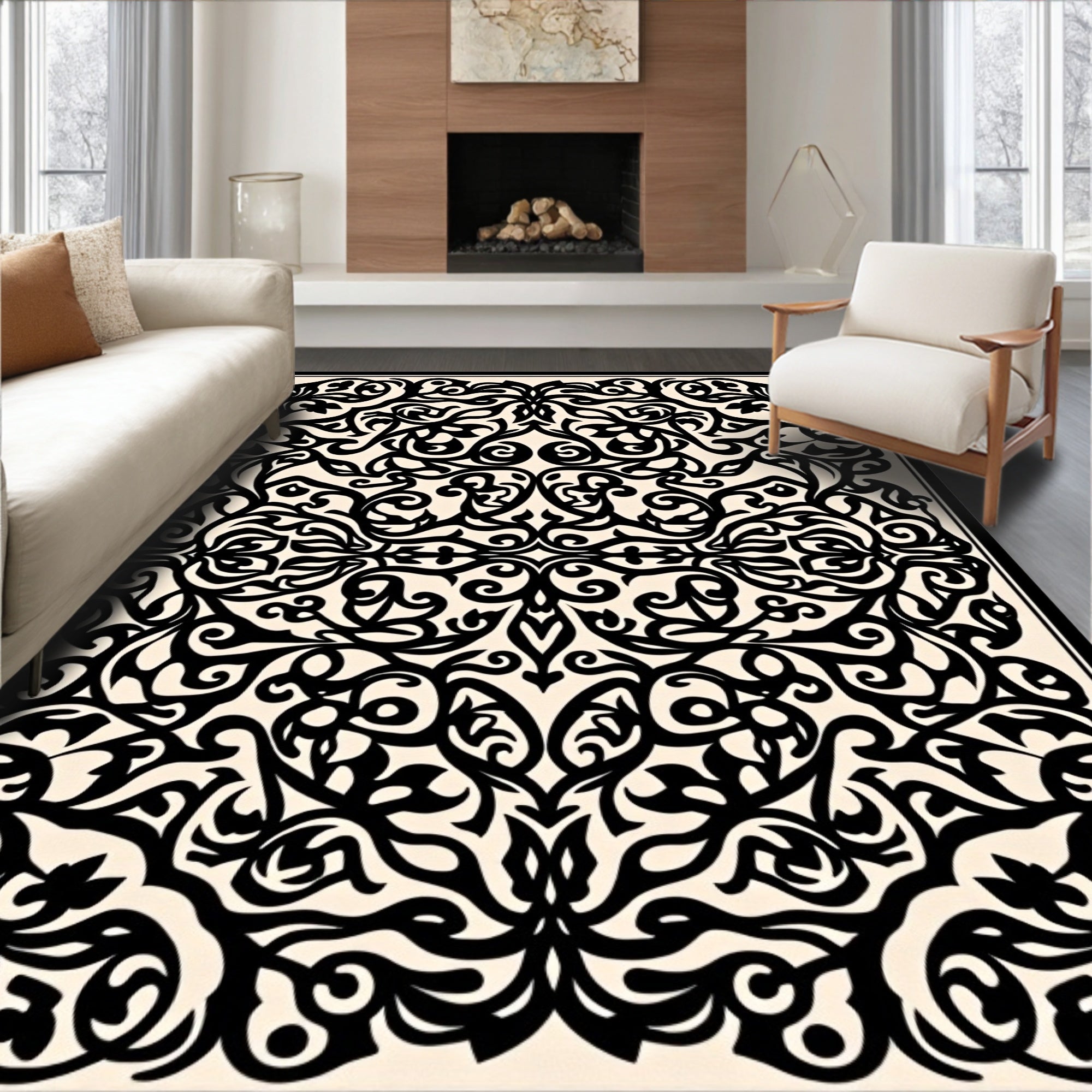 Intricate Black Cream Scroll Pattern Rug