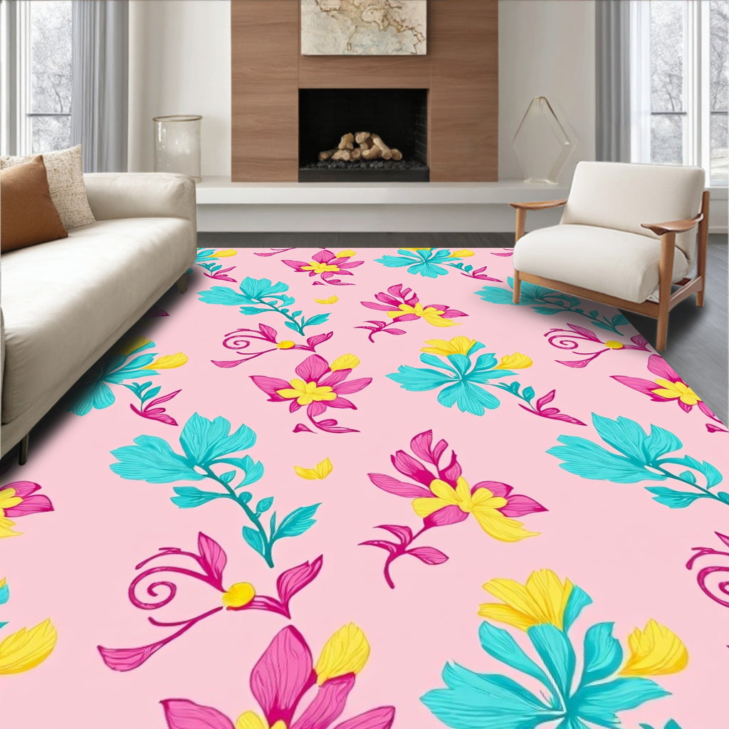 Vibrant Pink Turquoise Floral Pattern Rug