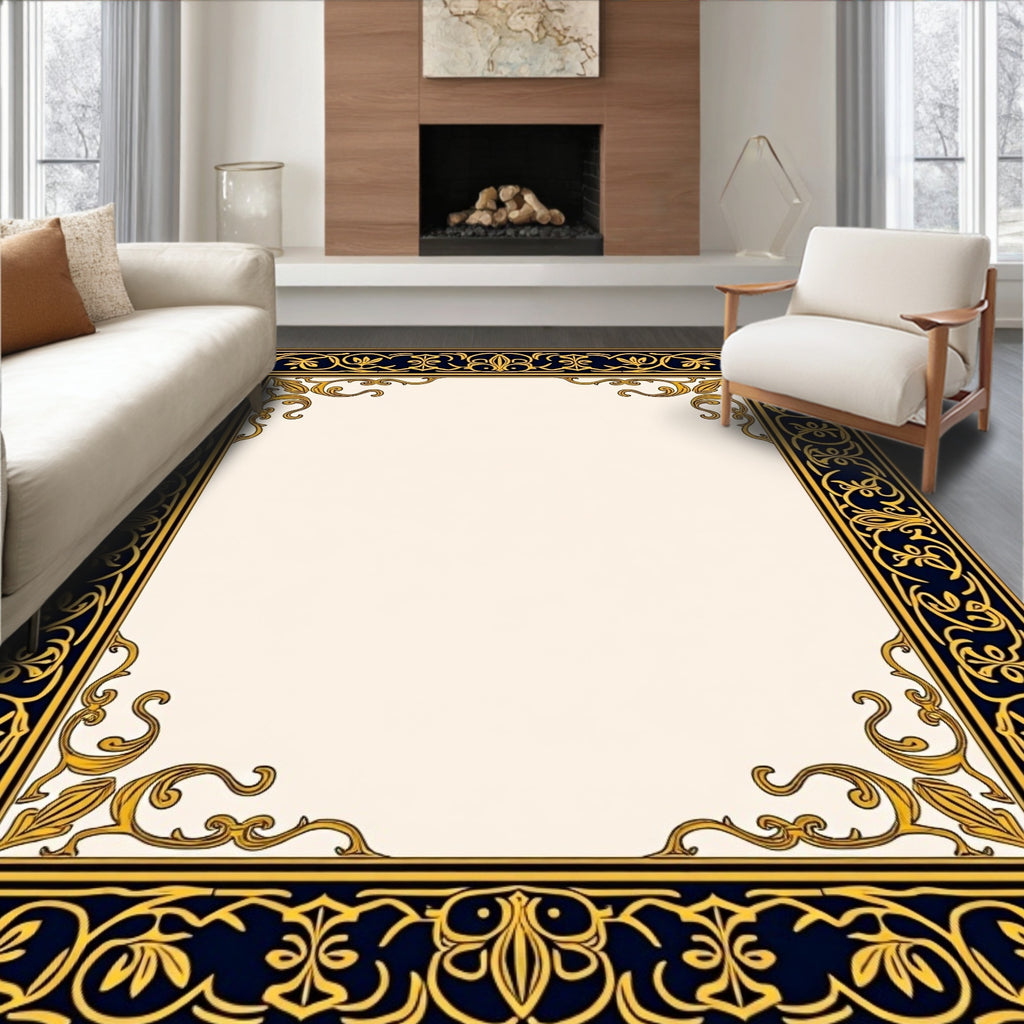 Ornate Dark Blue Gold Floral Border Rug