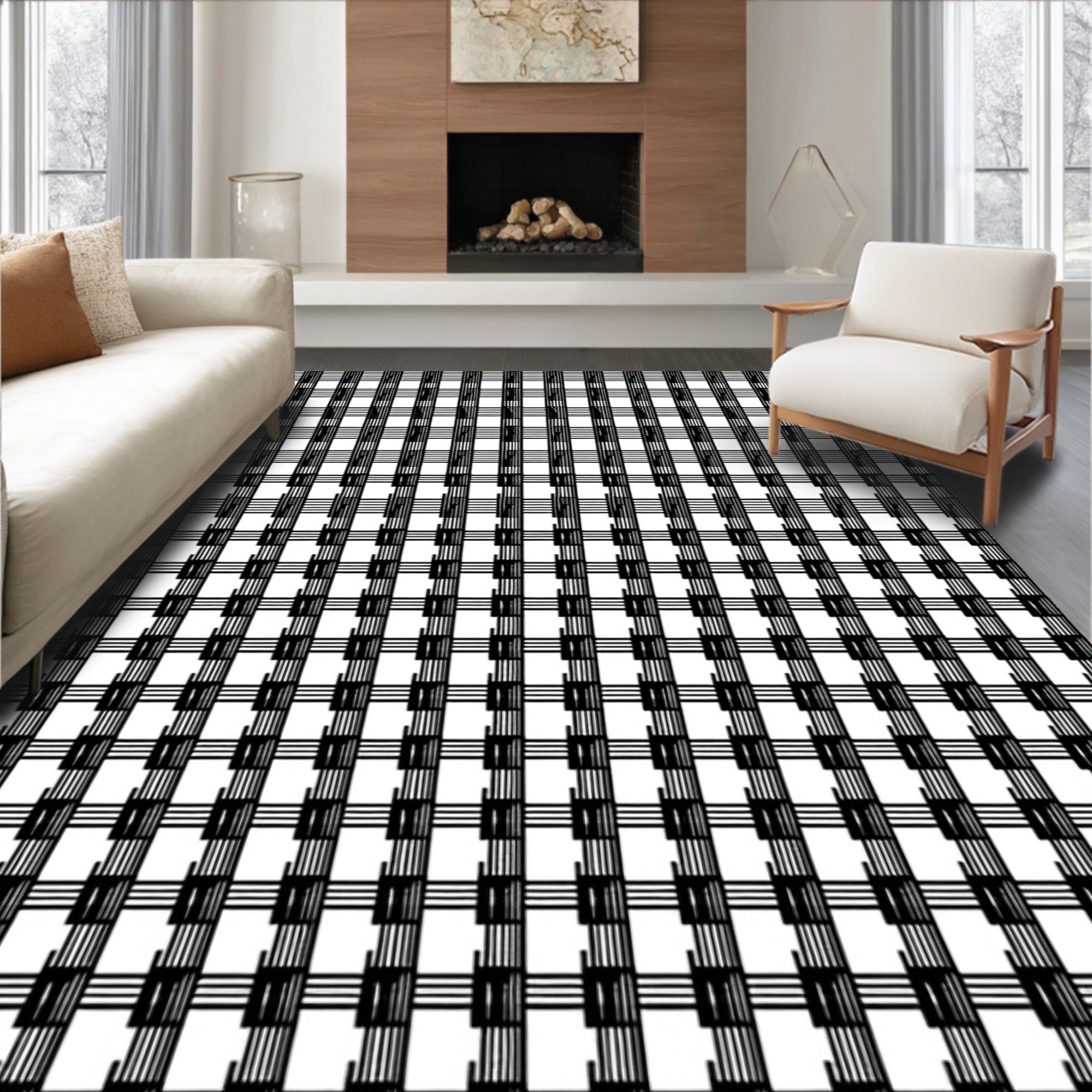 Classic Black White Checked Pattern Rug