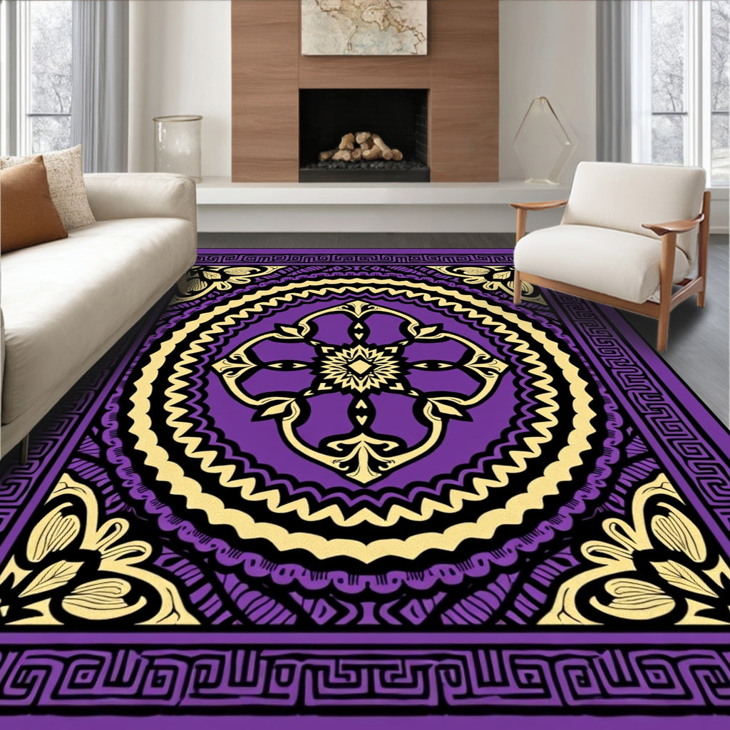 Vibrant Purple Golden Floral Mandala Rug
