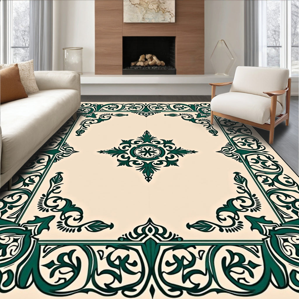 Elegant Emerald Green Floral Scroll Rug