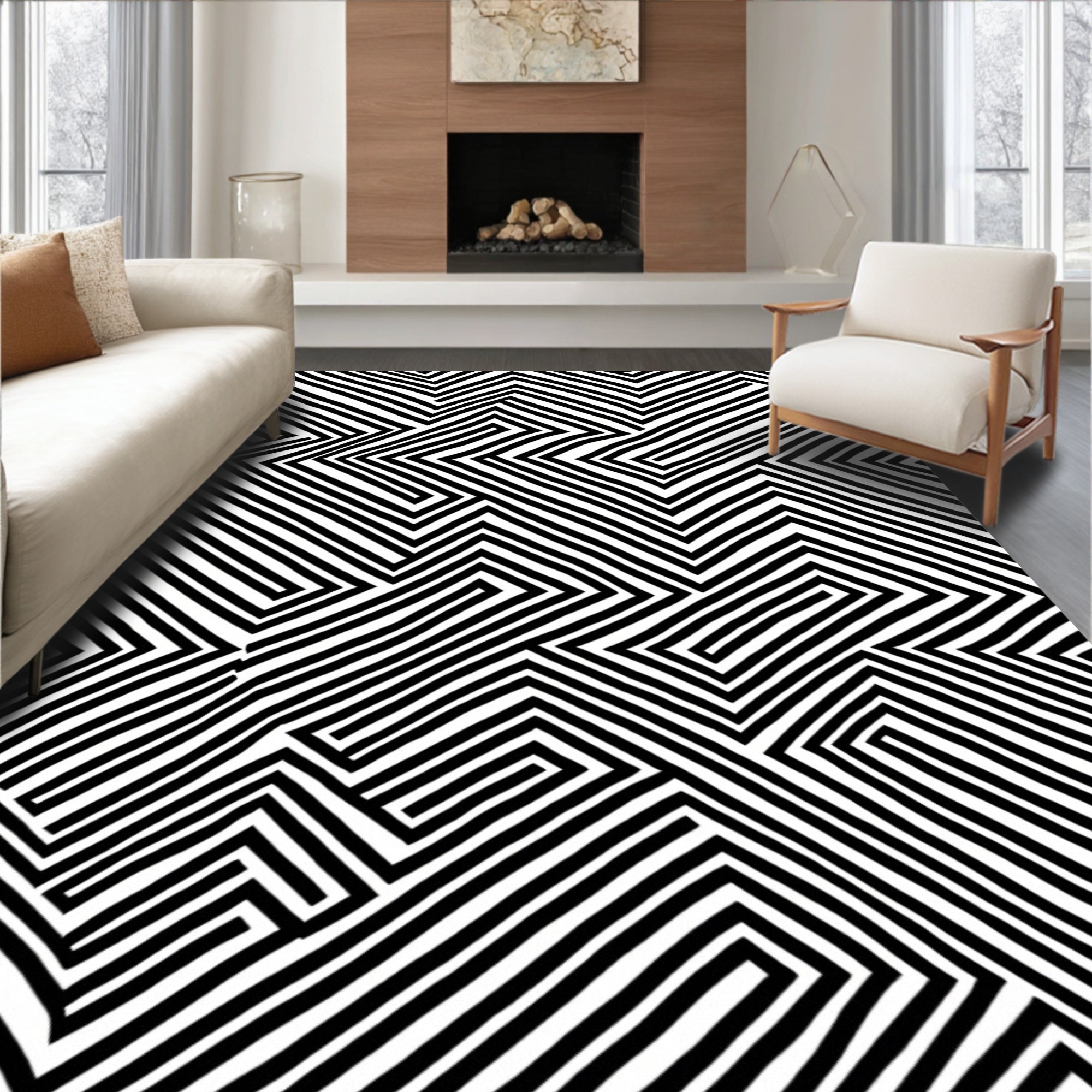 Abstract Black White Geometric Maze Rug