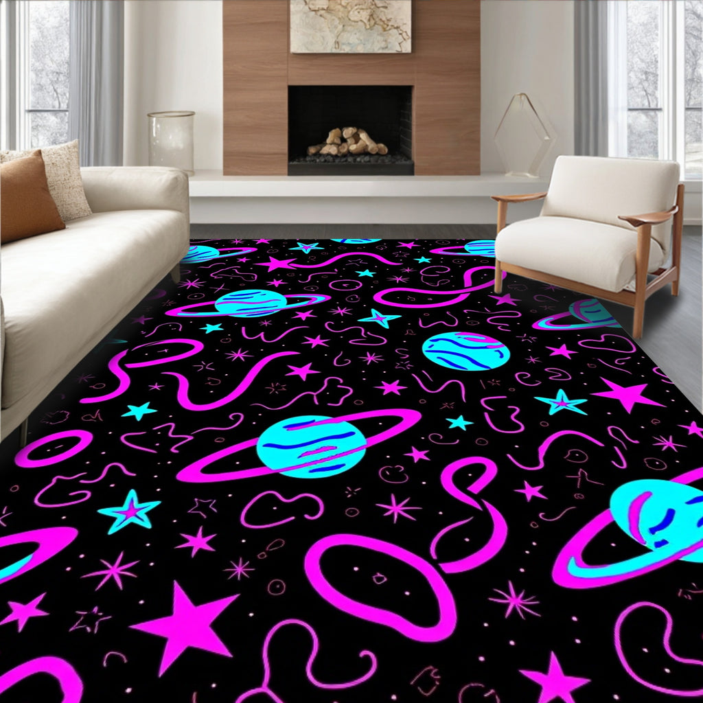 Neon Pink Blue Cosmic Planet Stars Rug