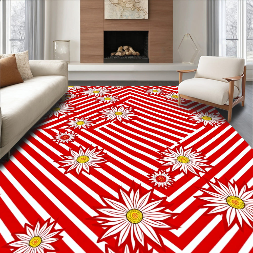 Red White Stripe Daisy Pattern Rug
