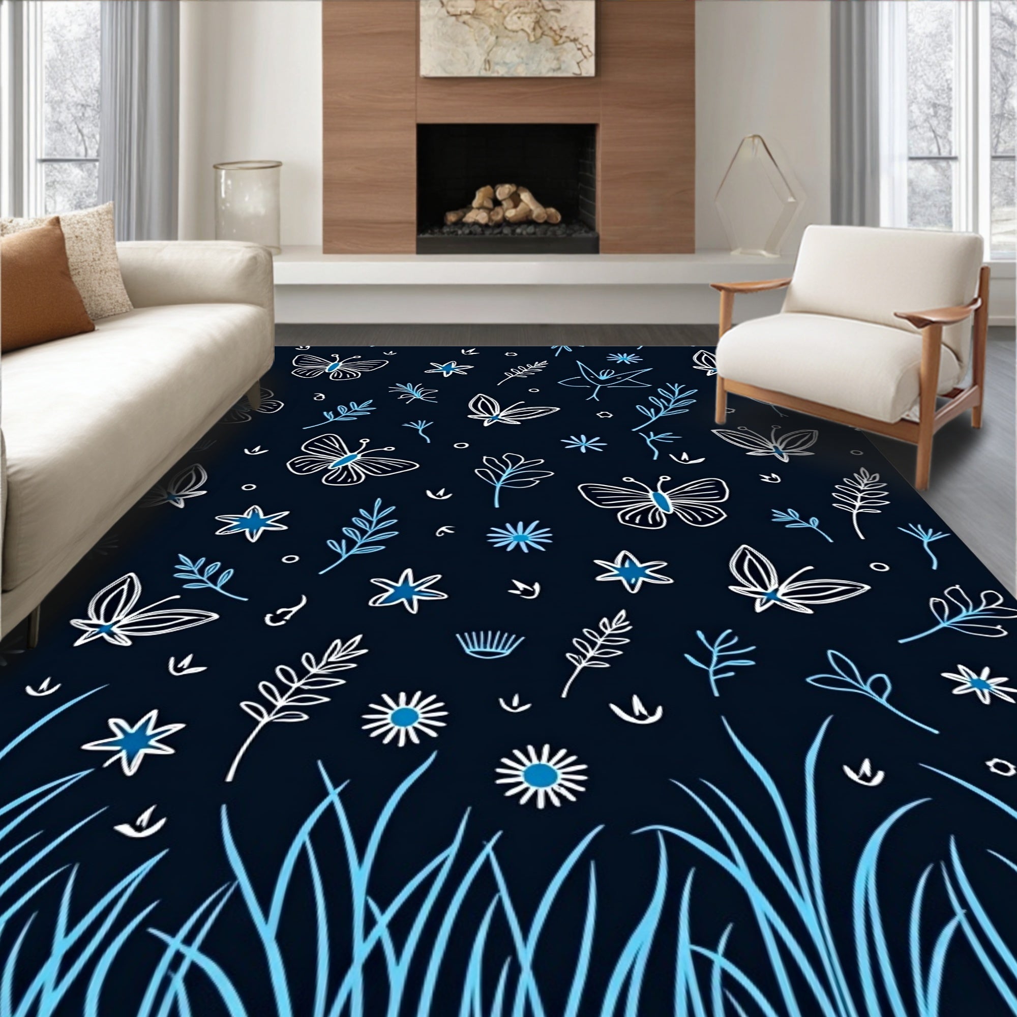 Hand Drawn Sketchy Butterflies and Flowers Rug