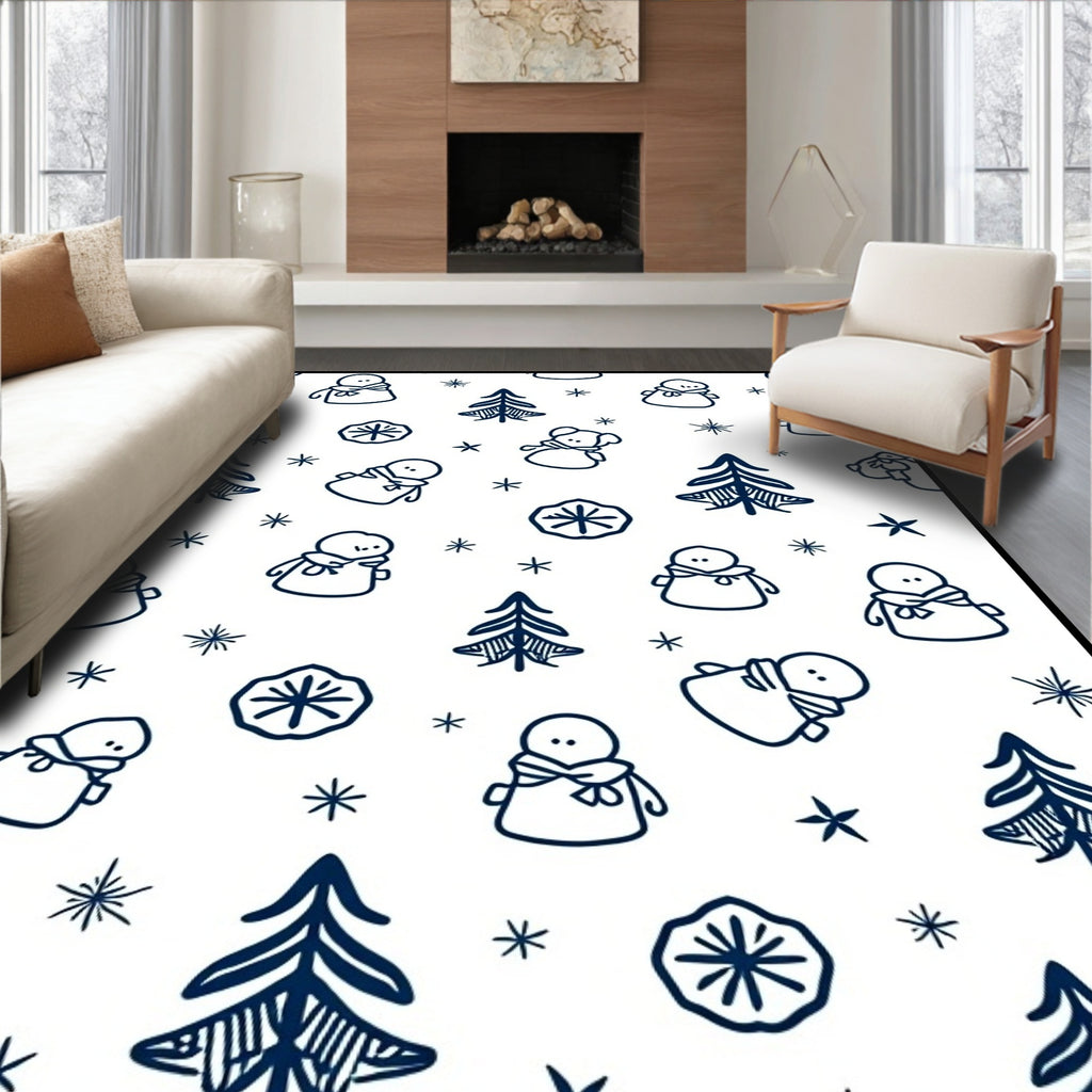 Navy Snowman Snowflake Pine Forest Rug