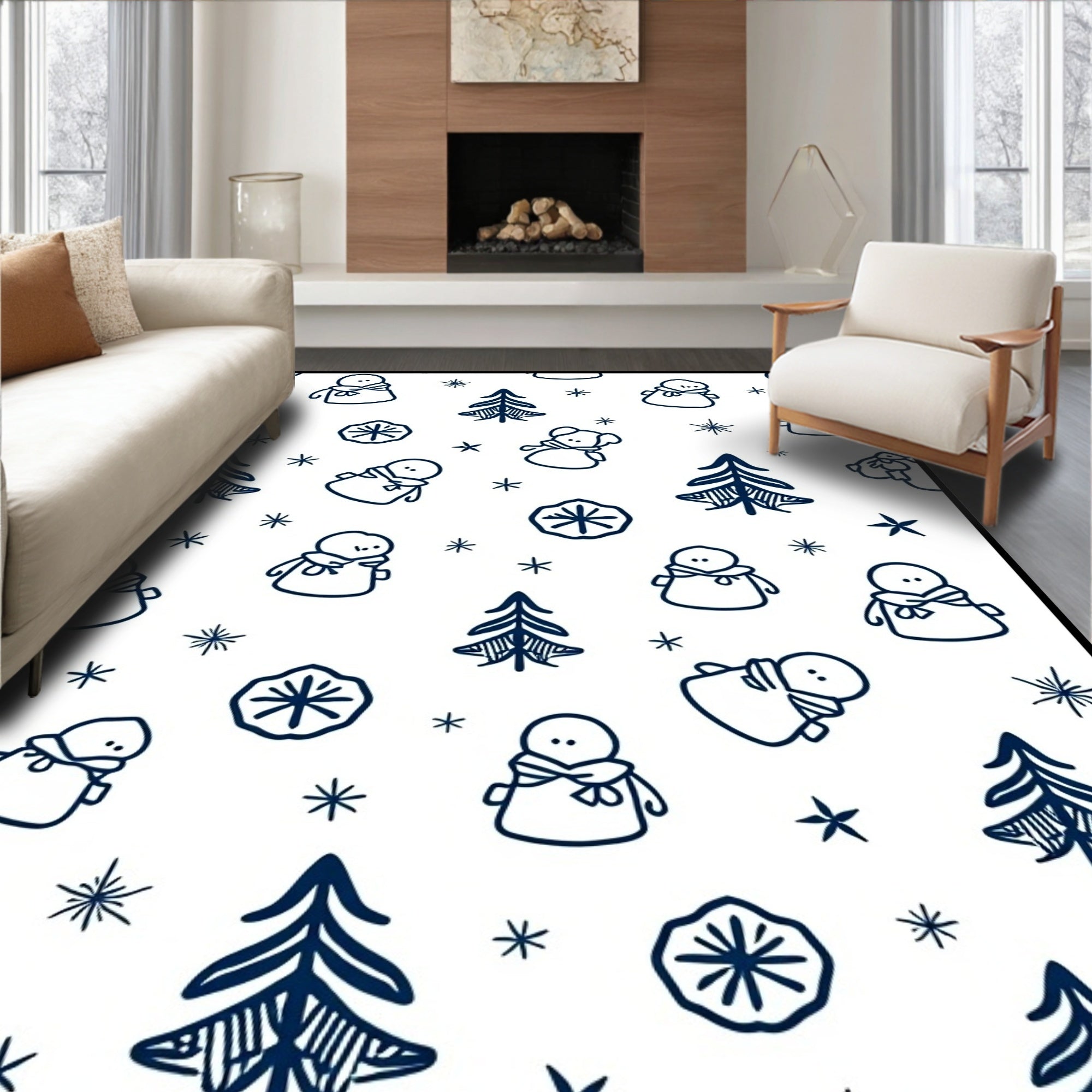 Navy Snowman Snowflake Pine Forest Rug