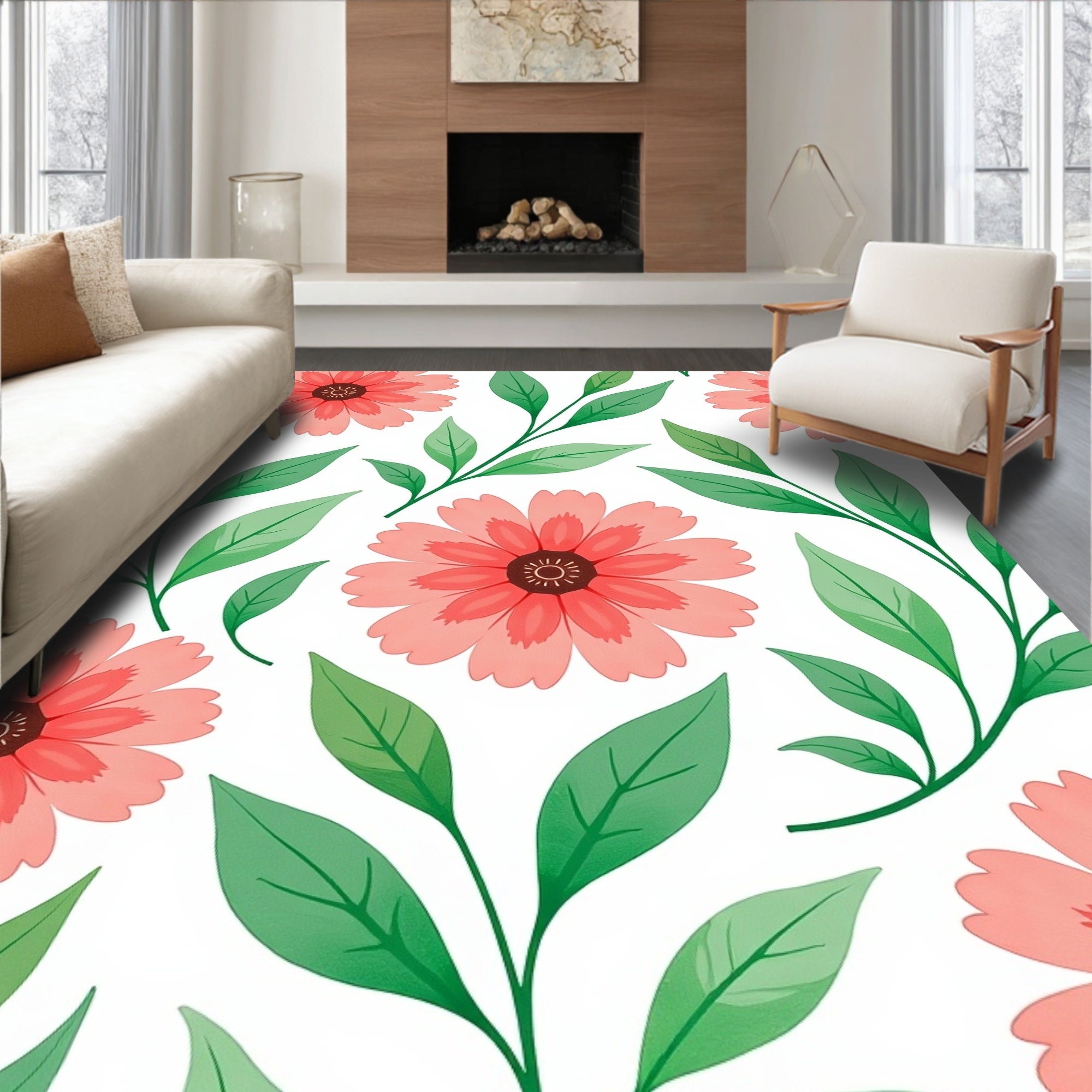 Coral Green Floral Nature Pattern Rug