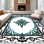 Ornate Black Turquoise Scrollwork Design Rug