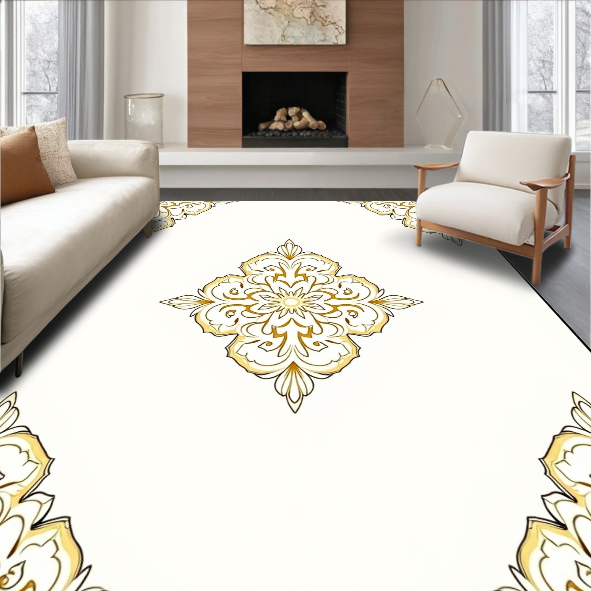 Ornate Golden Floral Medallion Rug