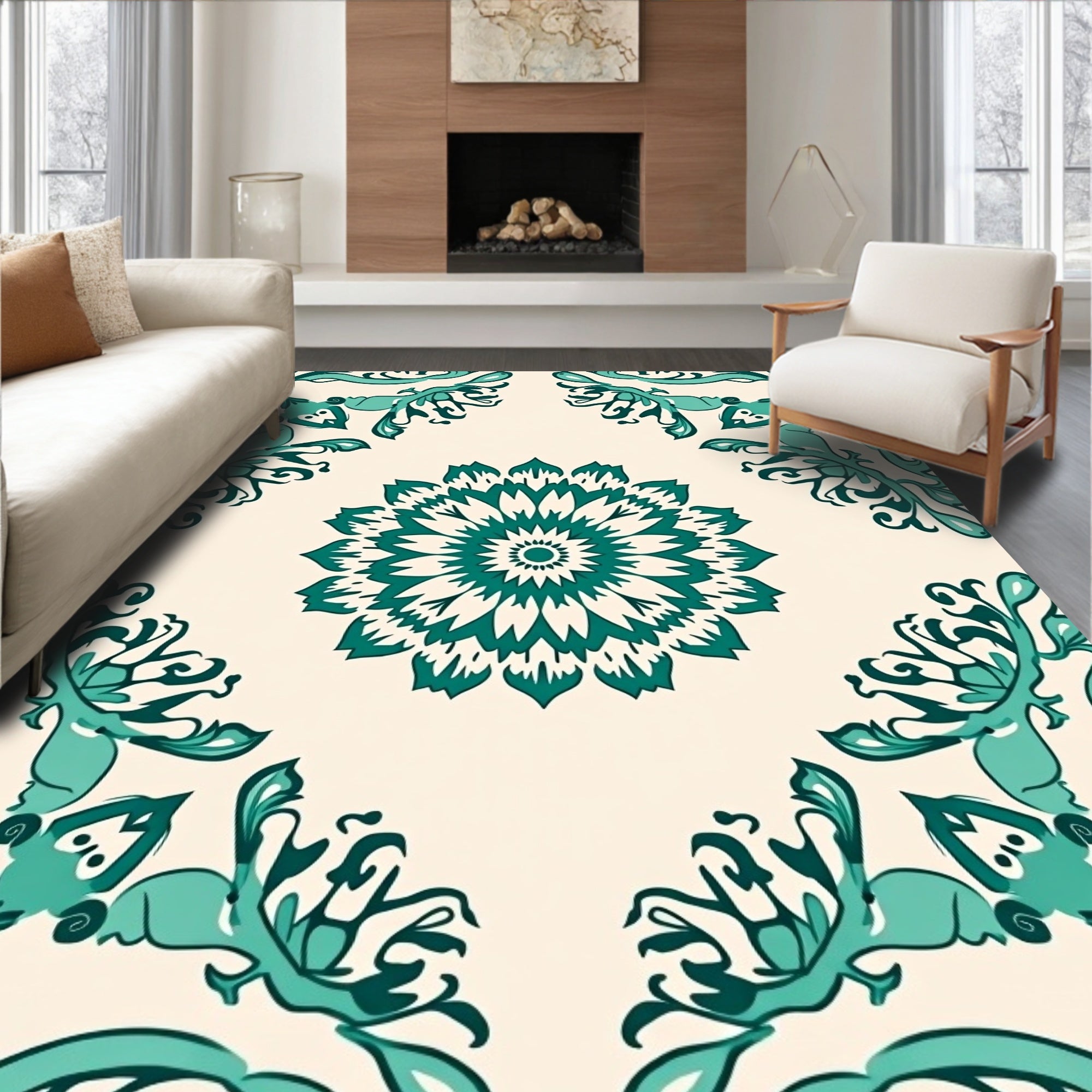 Teal Floral Mandala Pattern Rug