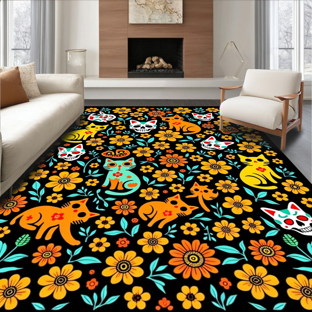 Whimsical Floral Skull Cat Pattern Rug