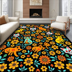 Whimsical Floral Skull Cat Pattern Rug