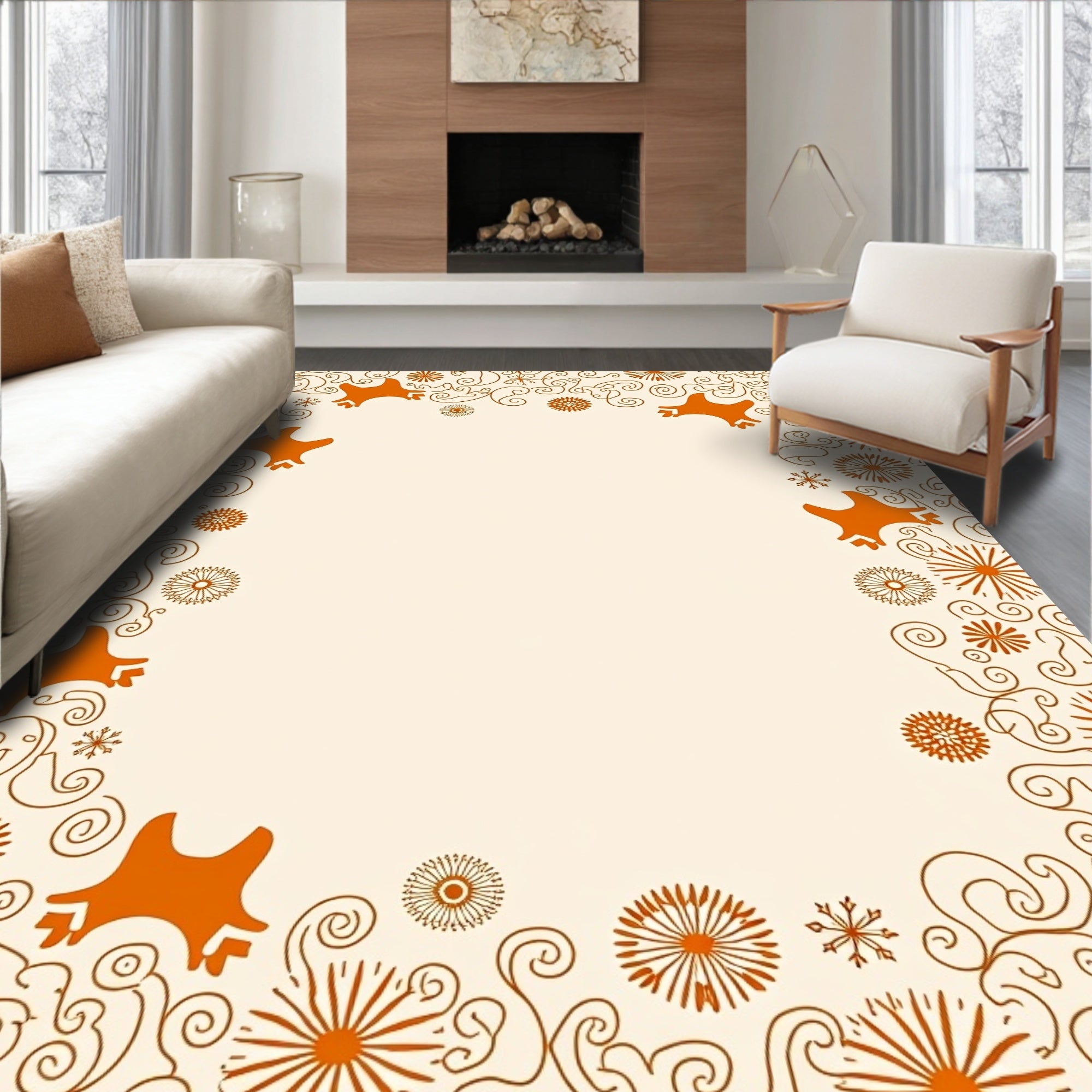 Playful Orange Animal Scrollwork Pattern Rug