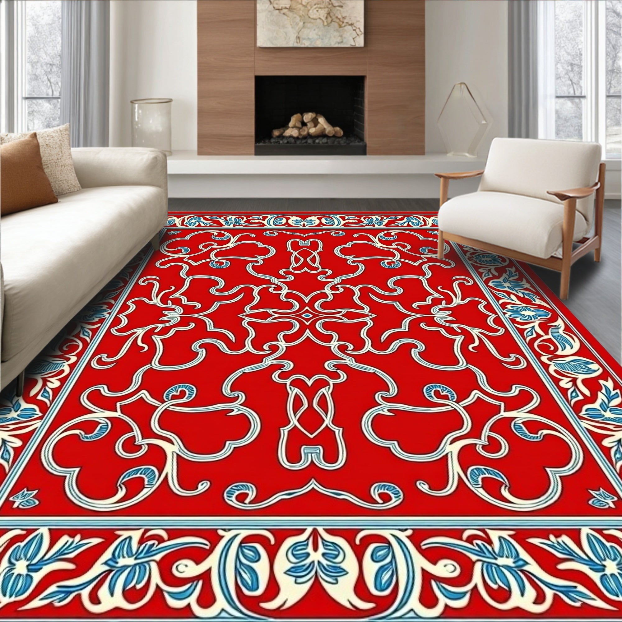 Red Floral Swirl Detailed Border Rug