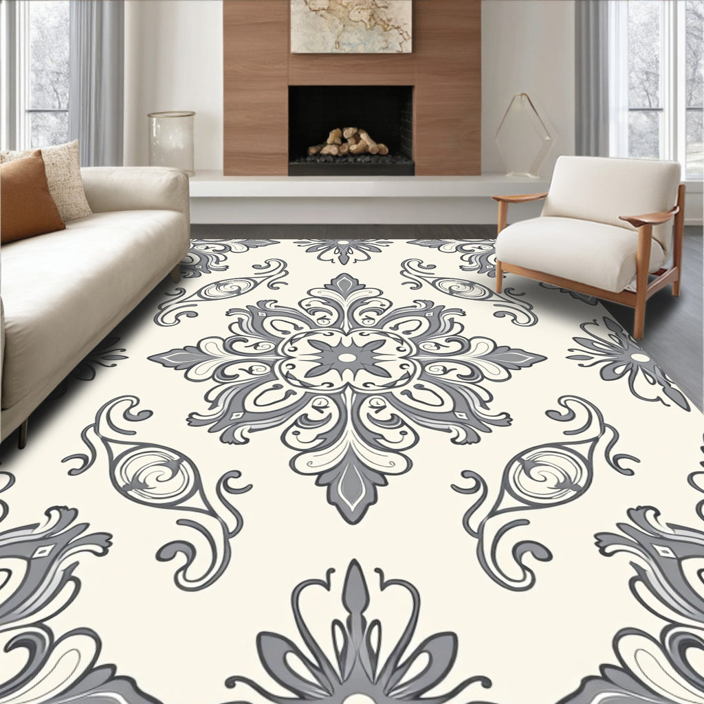 Ornate Grey Floral Damask Pattern Rug