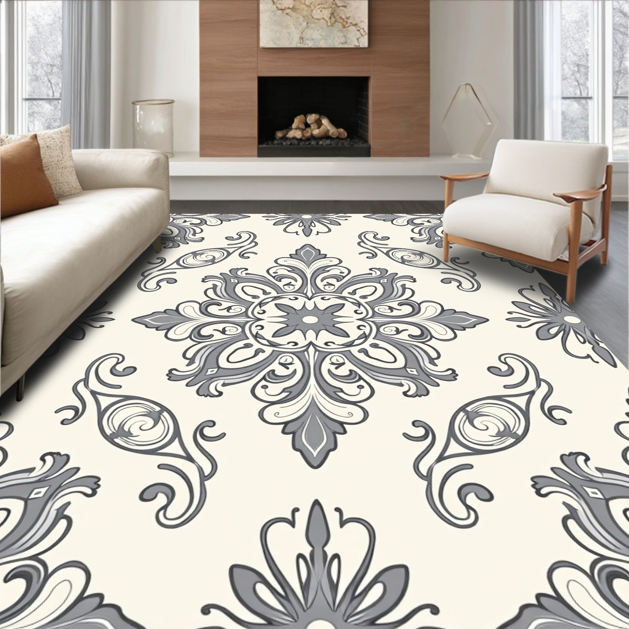 Ornate Grey Floral Damask Pattern Rug