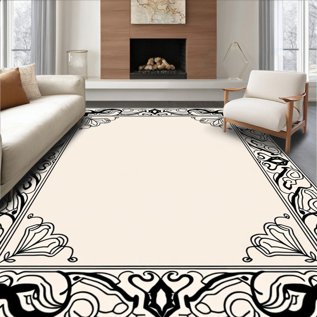 Ornate Black Cream Floral Frame Design Rug