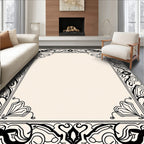 Ornate Black Cream Floral Frame Design Rug