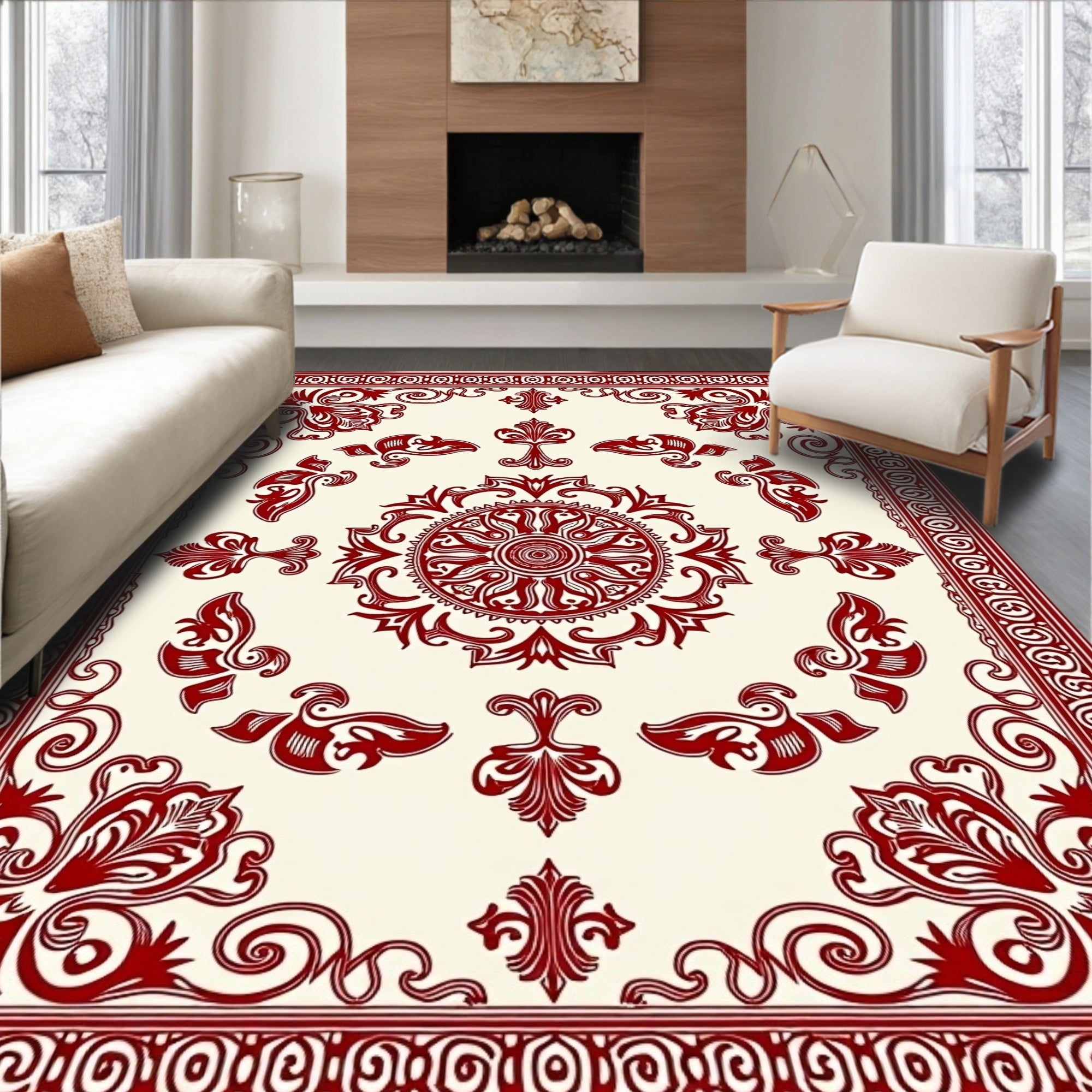Crimson Classic Floral Mandala Pattern Rug