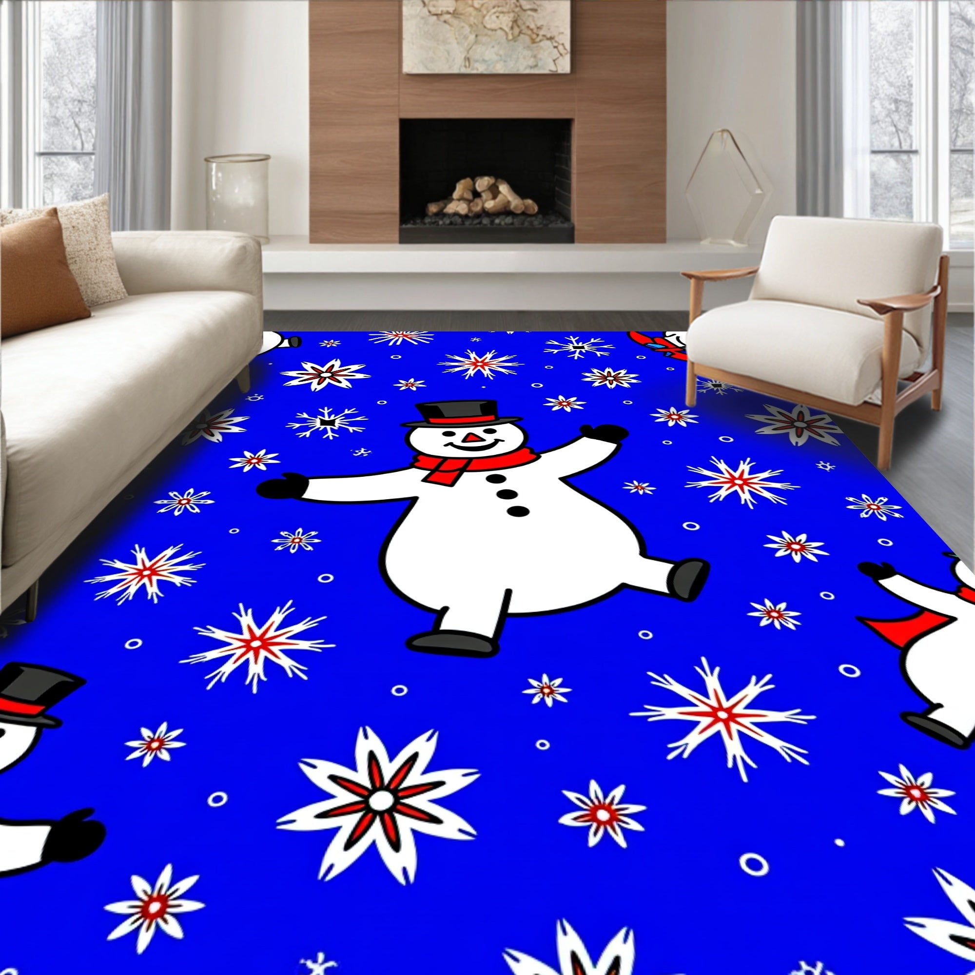 Joyful Snowman Winter Snowflakes Red Rug