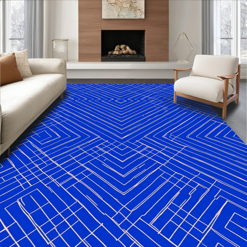 Blue White Geometric Line Art Design Rug