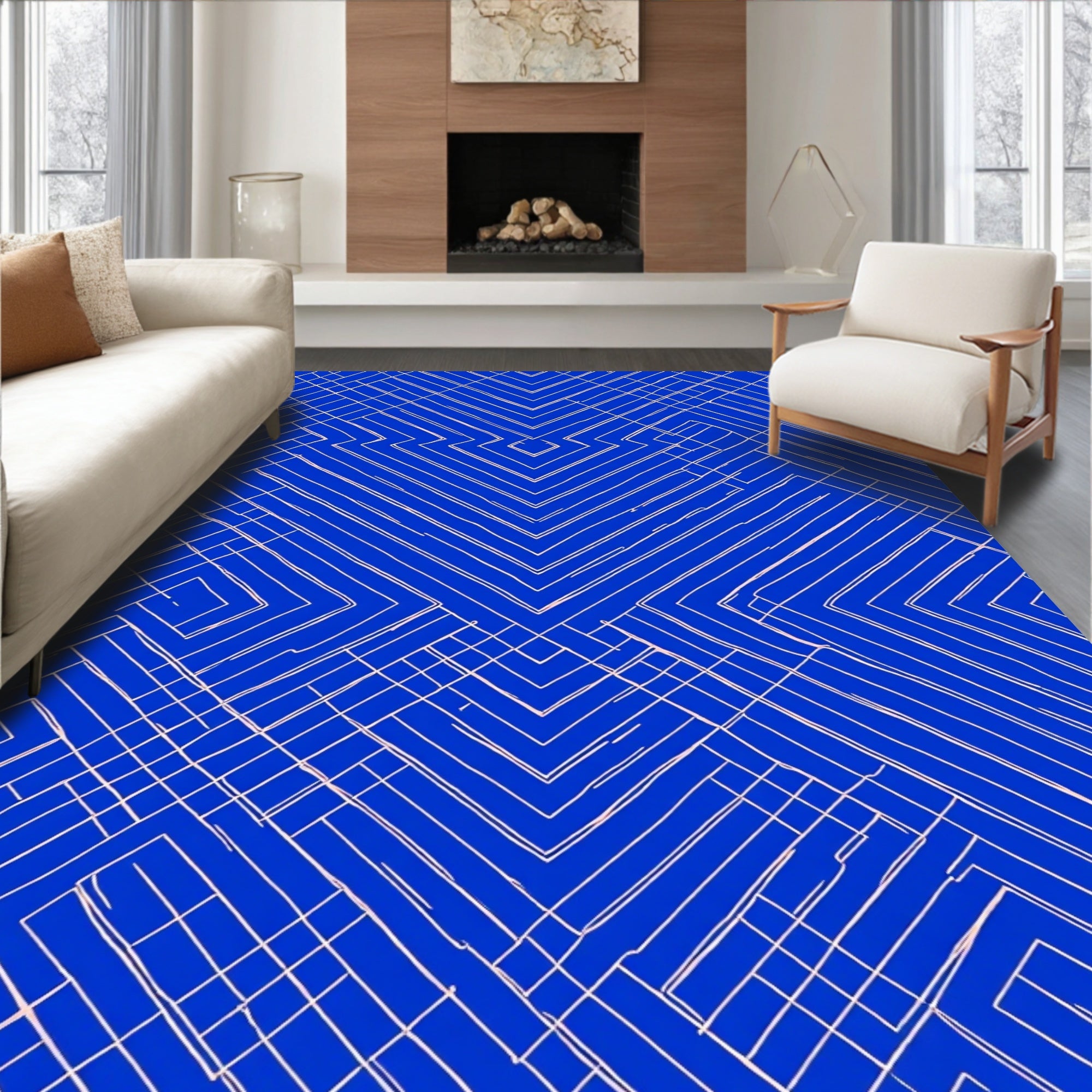 Blue White Geometric Line Art Design Rug