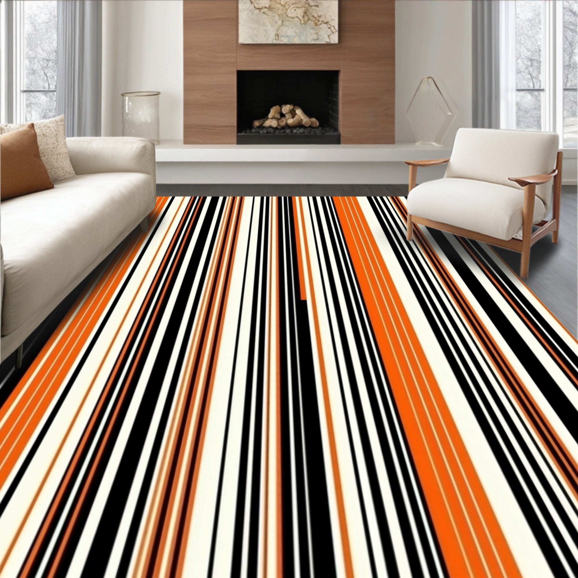 Bold Orange Black Cream Stripes Rug