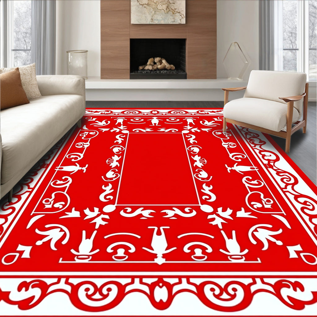 Bold Red Folkloric Figurative Elements Rug