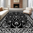 Ornate Black White Floral Design Rug