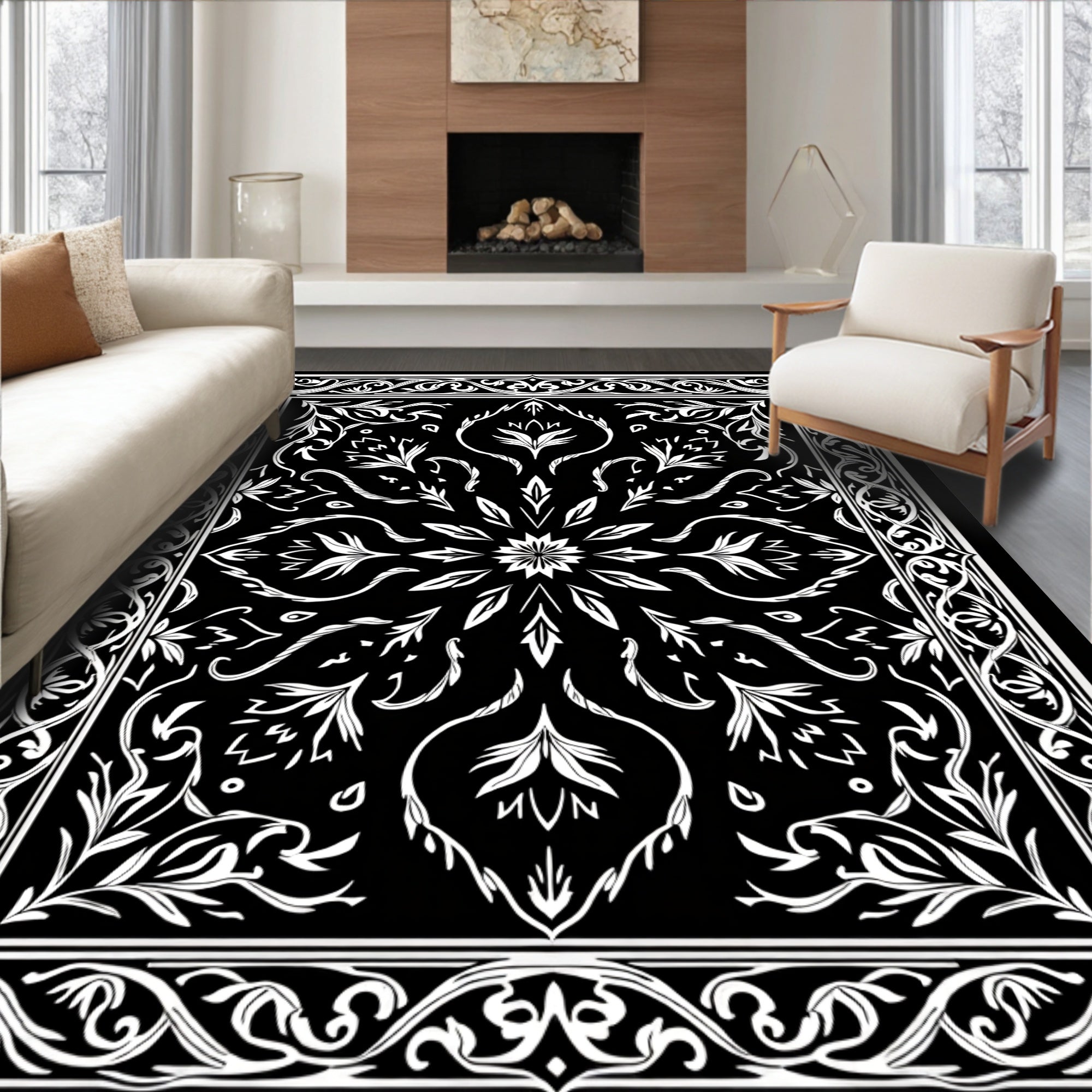 Ornate Black White Floral Design Rug