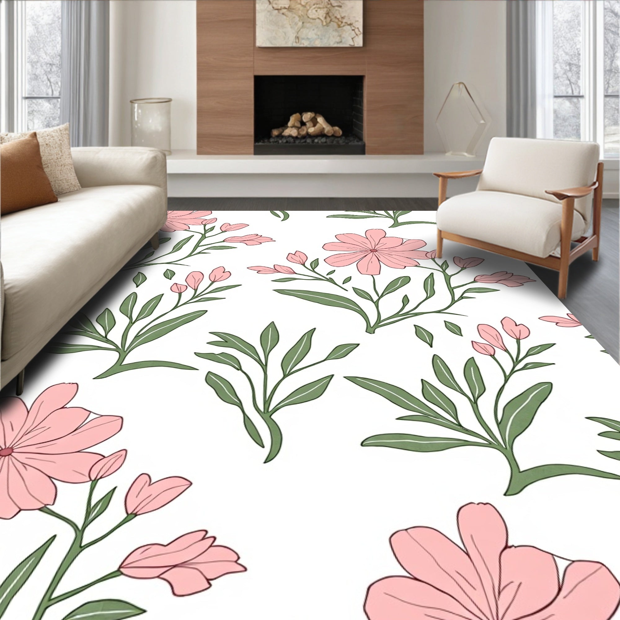 Pink Floral Sprigs Design Rug