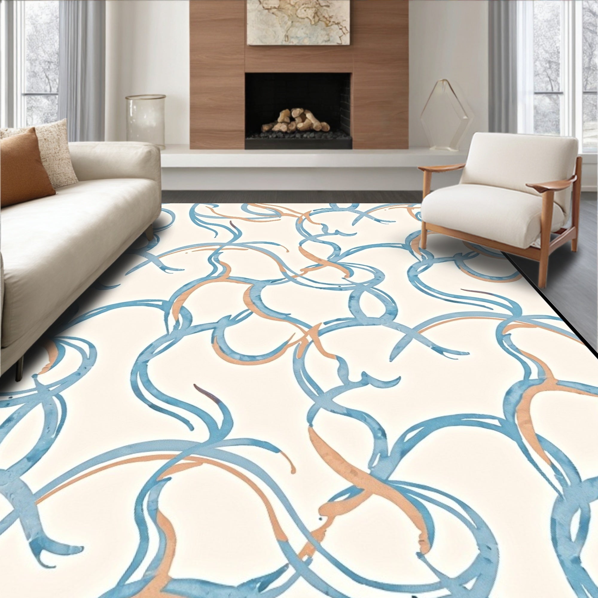 Flowing Blue Orange Curve Pattern Rug