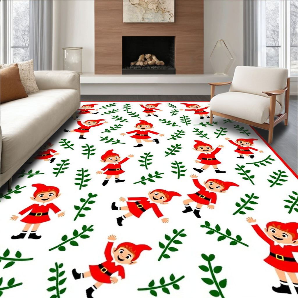 Red Elf Green Leaf Whimsical Playful Rug