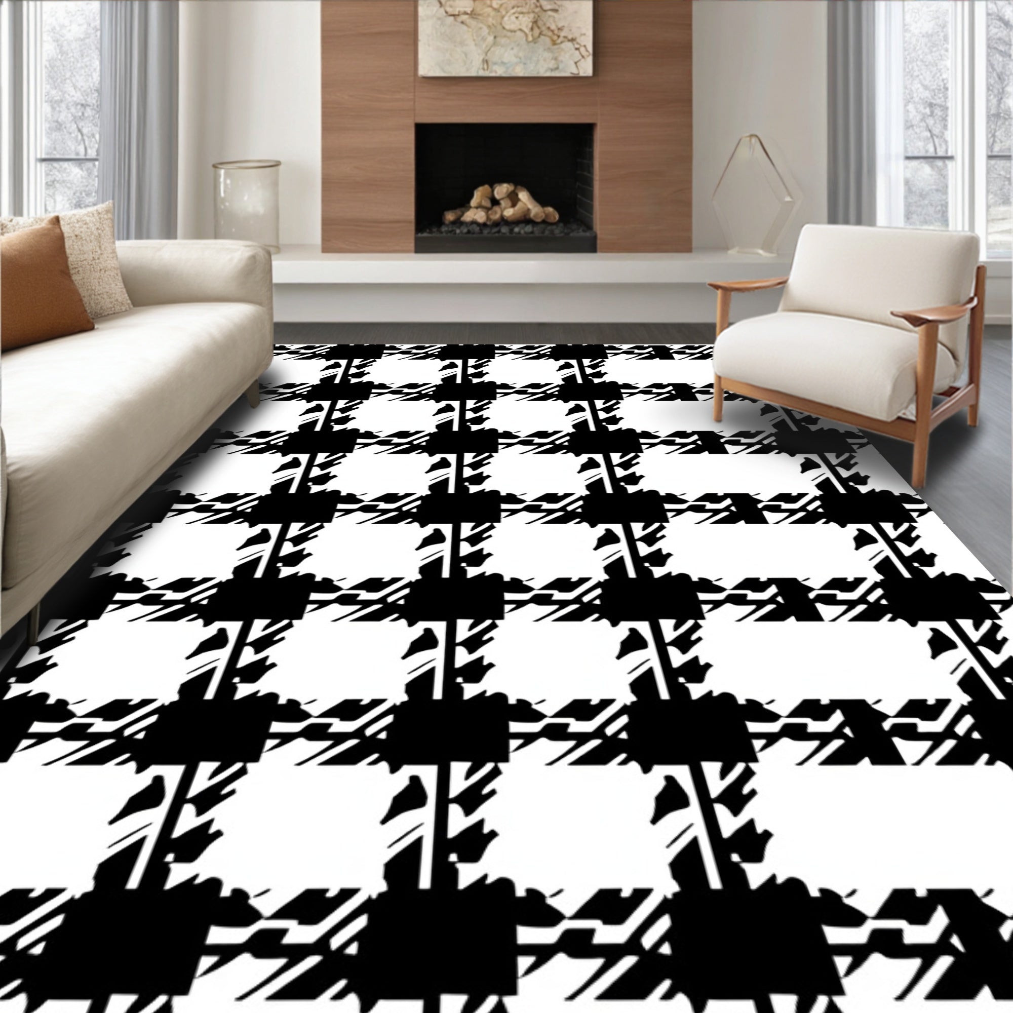 Classic Black White Checkered Pattern Rug