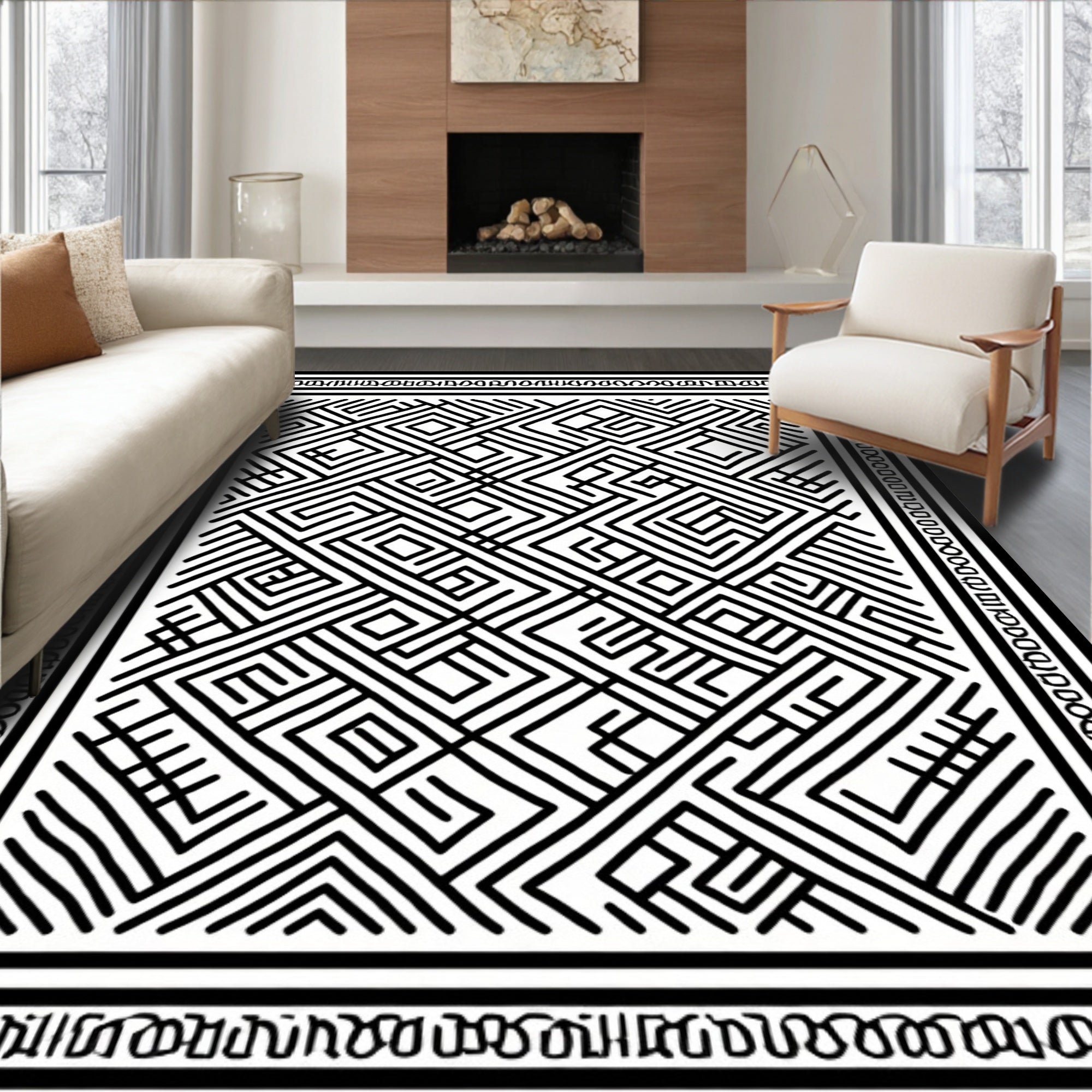 Bold Black Maze Pattern Rug