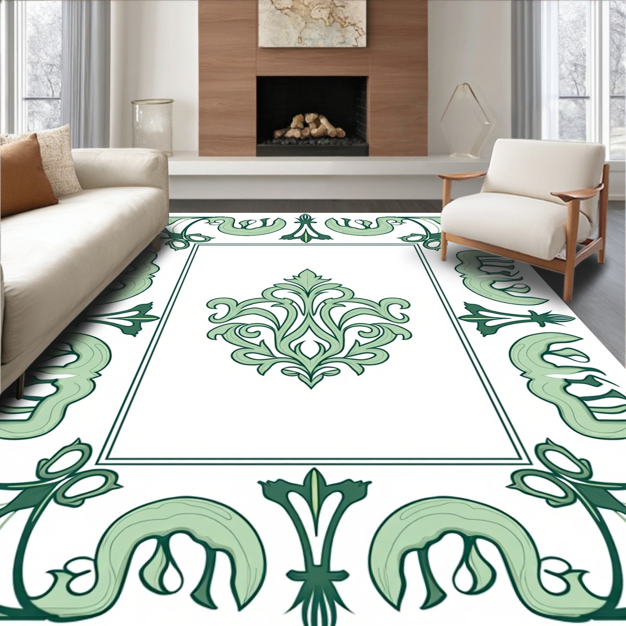 Elegant Green Floral Border Design Rug