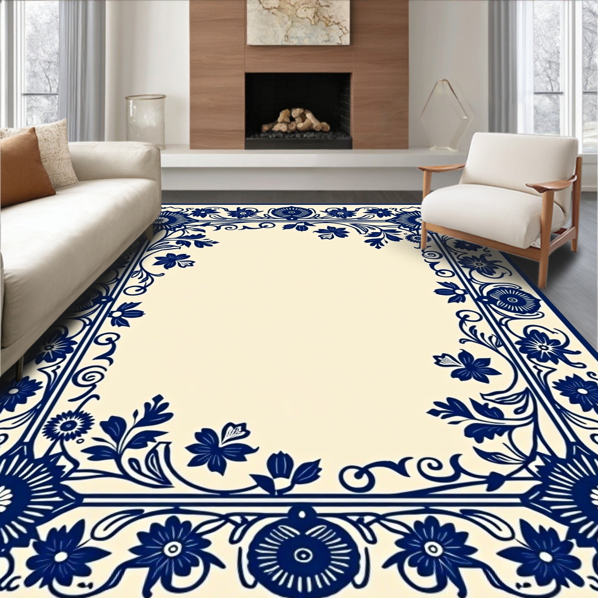 Classic Blue Floral Botanical Border Rug