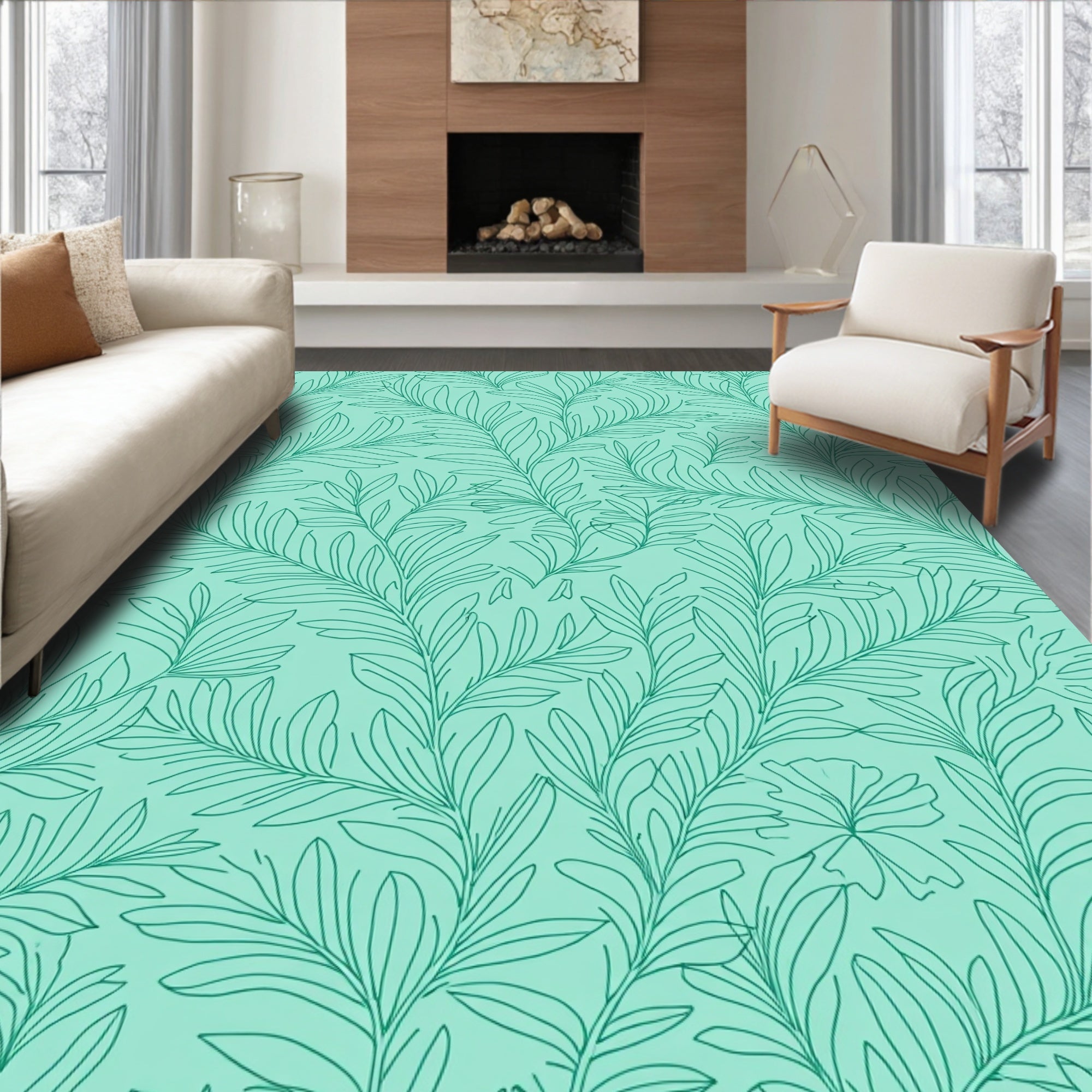 Teal Foliage Contour Art Rug